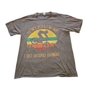 Used XL Mens Gray Graphic T-Shirt with Biker Print, Small Flaw On Front